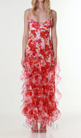 BELINDA RED FLORAL VERTICAL RUFFLE TRIM MAXI DRESS