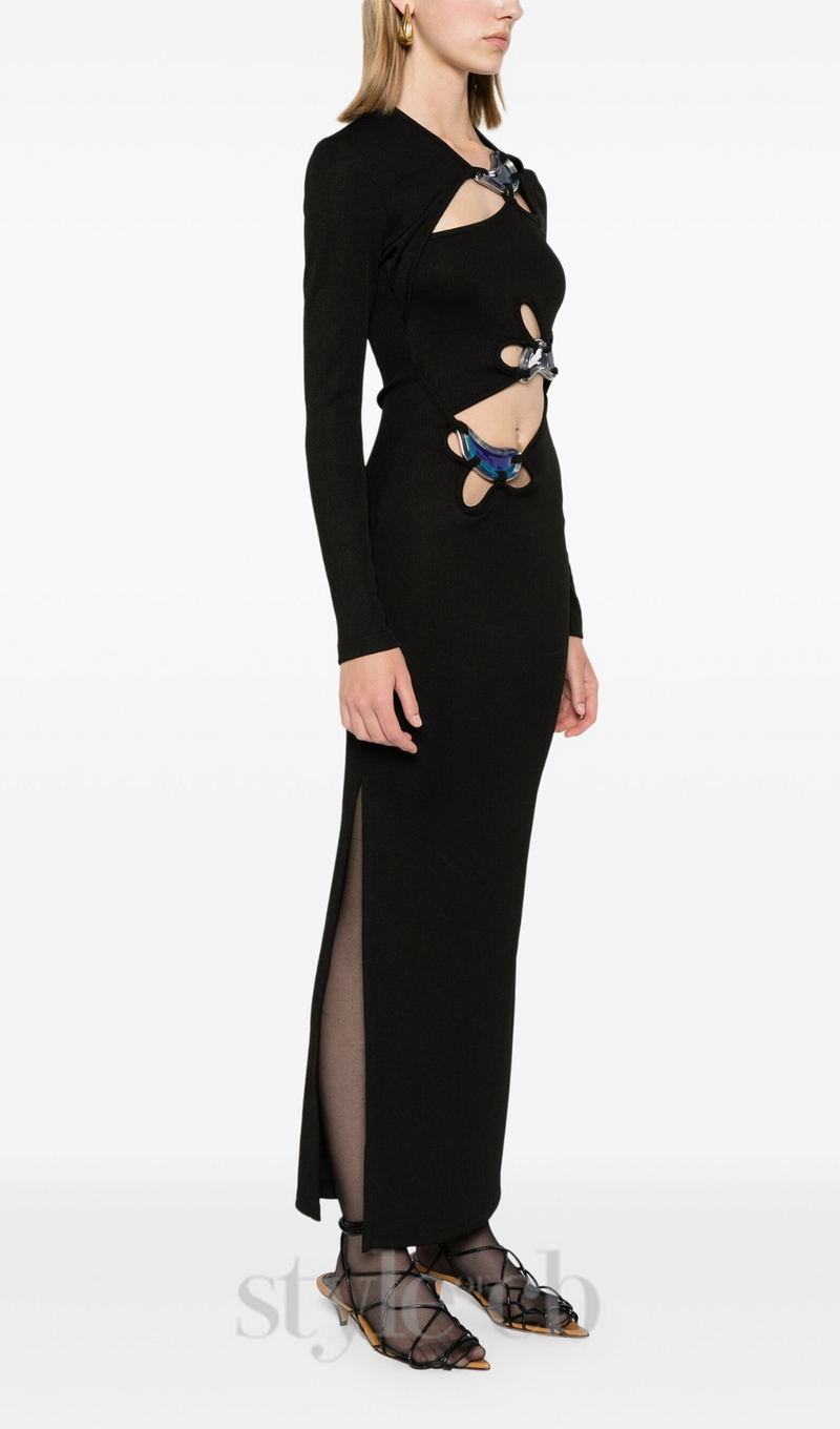 SALLY BLACK LONG SLEEVE CUT-OUT RIBBED MAXI DRESS