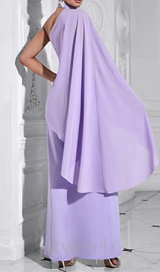 halter shawl jumpsuit in purple