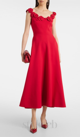 ULA EMBELLISHED FLORAL ROUND NECK MIDI DRESS IN RED