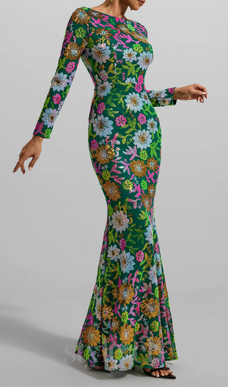 Sequin Round Neck Long Sleeve Maxi Dress in Green