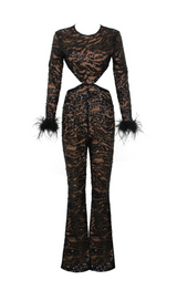 BLACK SEXY BACKLESS SEQUINED FEATHER JUMPSUIT