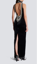 embroidered velvet halterneck maxi dress in black