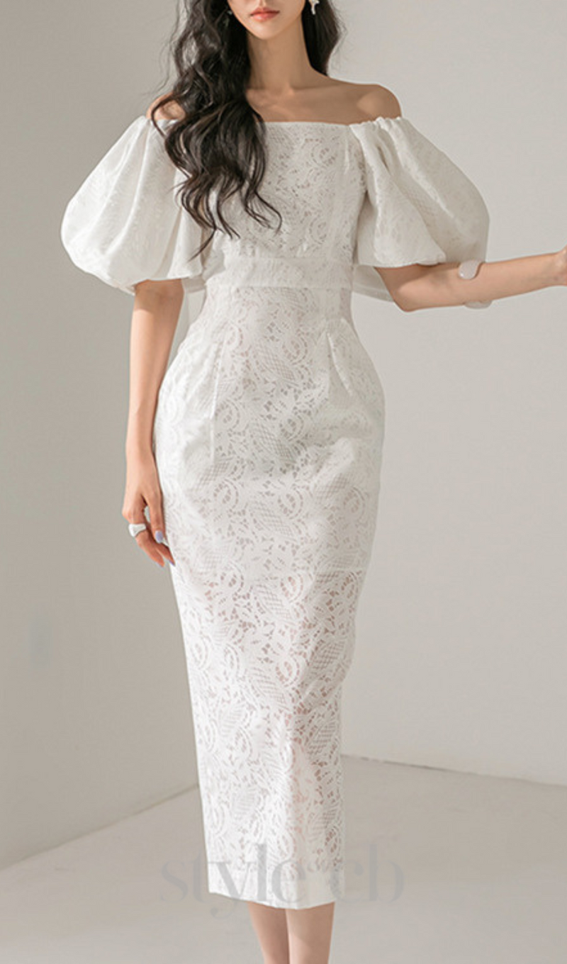 NATALIE PUFF SLEEVE OFF SHOULDER WHITE LACE MIDI DRESS