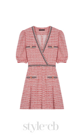 Tweed dress with ethnic trim in pink