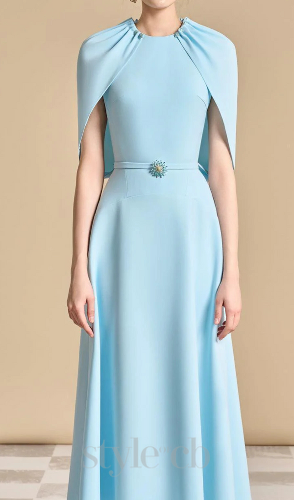 Jasmine A-line Cape Sleeved maxi Dress in light blue