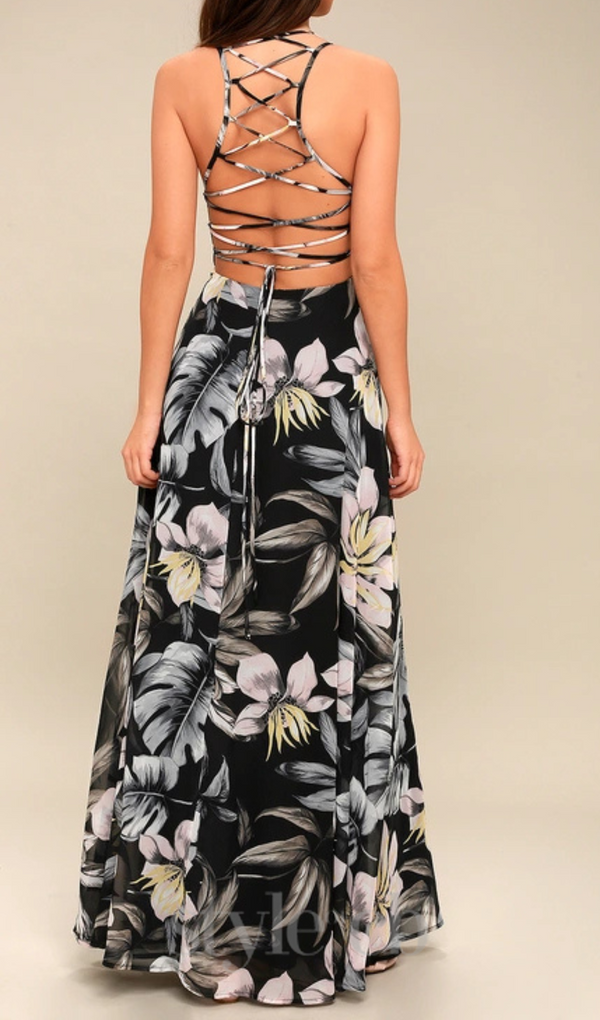 Black Floral Print Lace-Up Maxi Dress