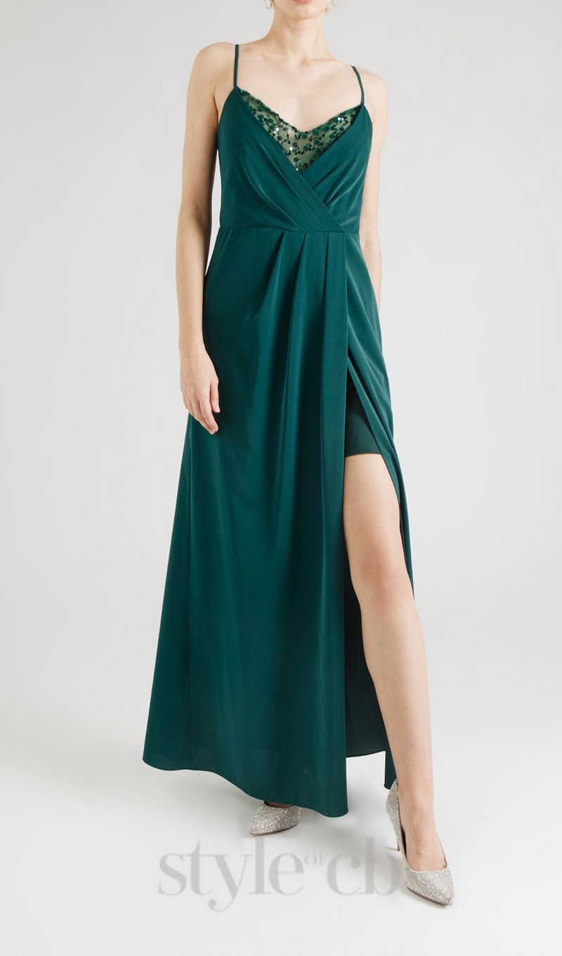 crystal embellished pleated maxi dress in green