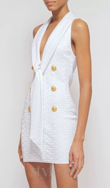 EVELYN JACQUARD MONOGRAM SHAWL-COLLAR MINI DRESS IN WHITE