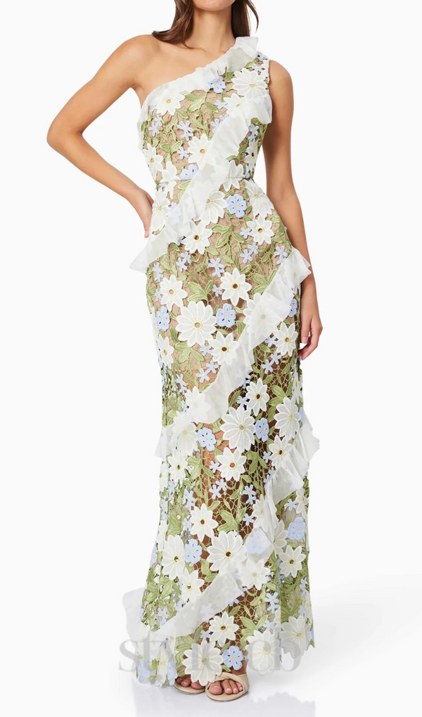 Floral One Shoulder Lace Maxi Dress in Green