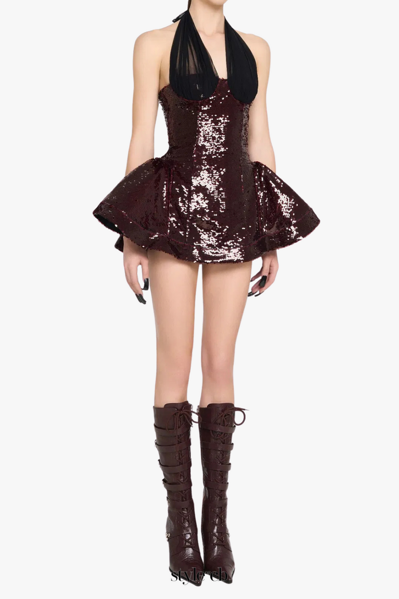 giselle sequin halter mini dress in merlot