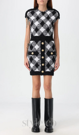 button-embellished plaid texture mini dress