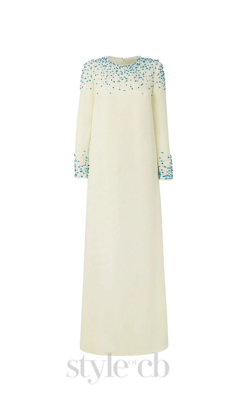 Rhinestone embellished Round Neck Maxi Dress in beige