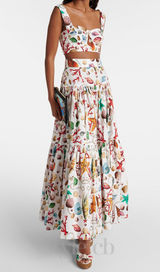 LOUISE CAPRI PRINTED HIGH-RISE COTTON MAXI DRESS