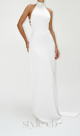 MIGNON SATIN BELT BACKLESS PEARL EMBELLISHED MAXI DRESS IN WHITE