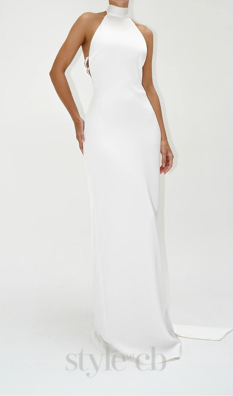 MIGNON SATIN BELT BACKLESS PEARL EMBELLISHED MAXI DRESS IN WHITE