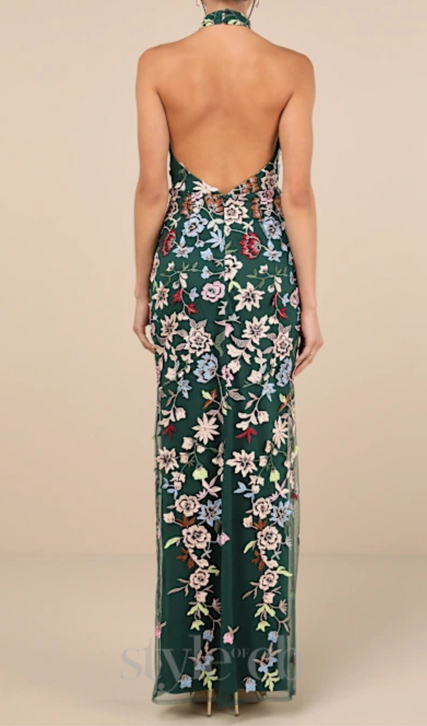 3D Floral Embroidered Halter Maxi Dress in Emerald