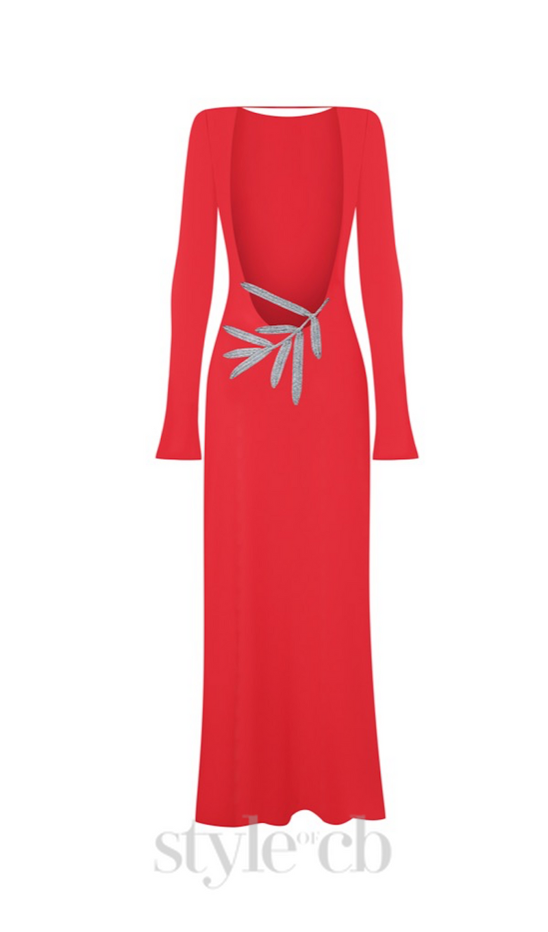 Candice long sleeve backless maxi Dress in red