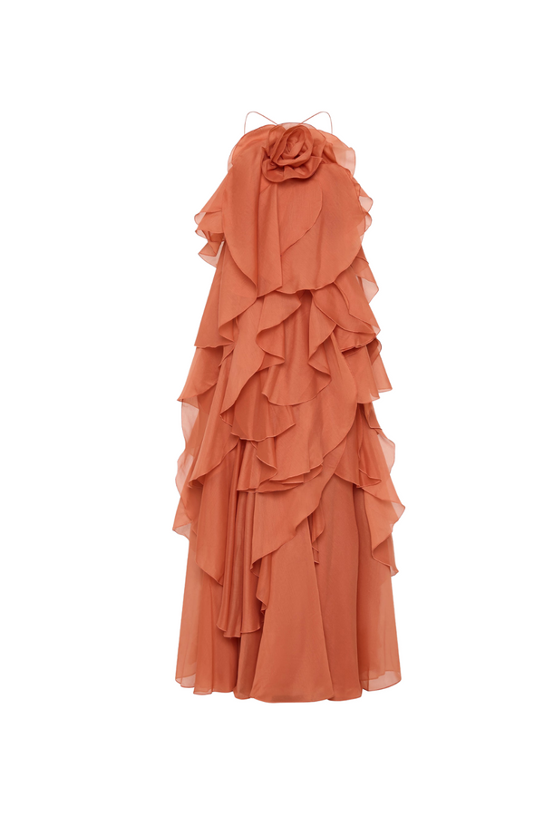 Caysie Halter Floral Ruffle Layered Maxi Dress in Orange