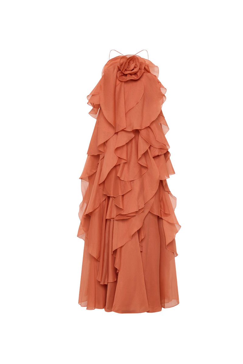 Caysie Halter Floral Ruffle Layered Maxi Dress in Orange
