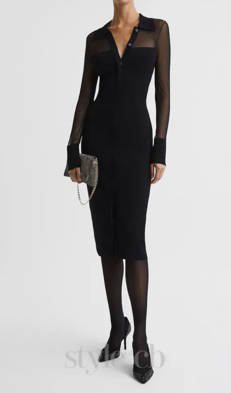 sheer knitted button-through midi dress in black