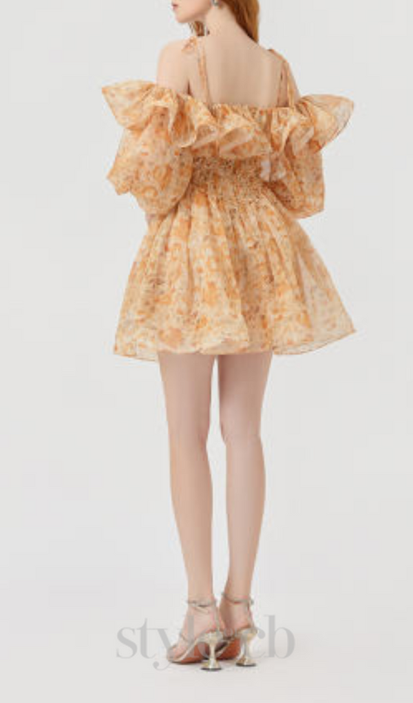 ANNA PRINTED RUFFLE TRIM MINI DRESS IN ORANGE