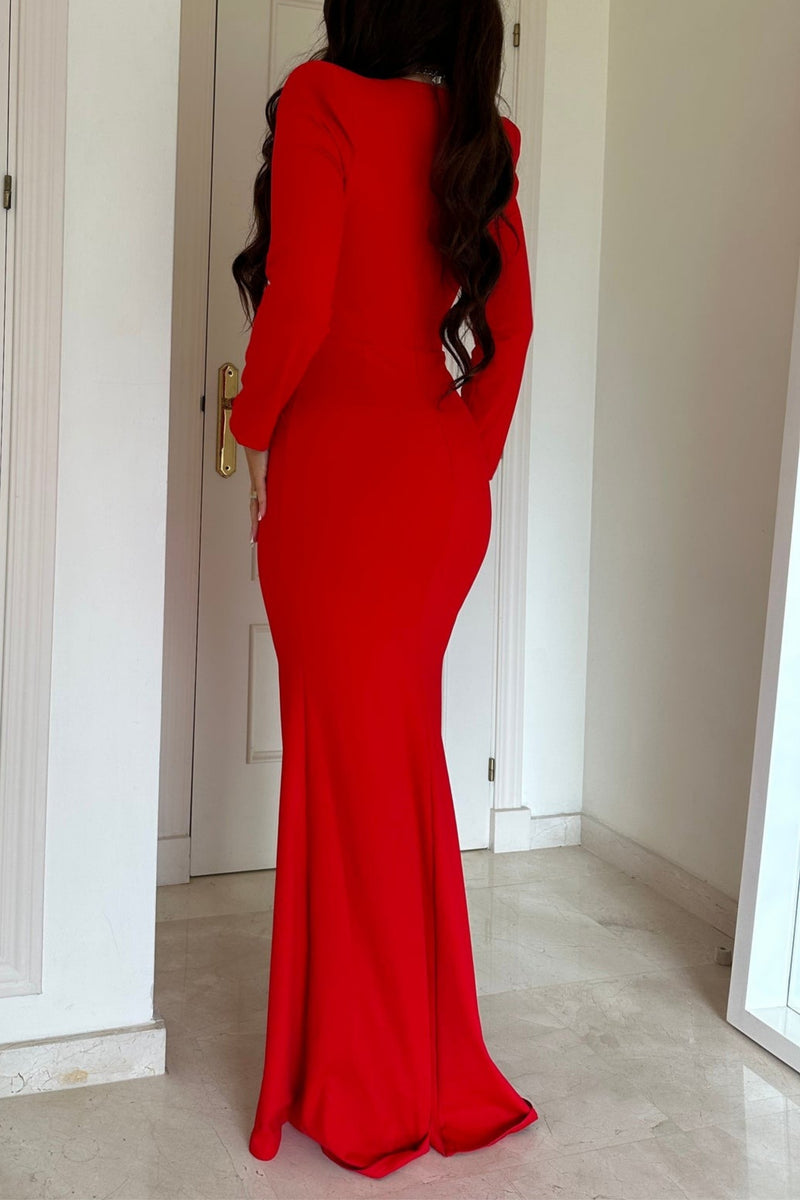 BERNICE LONG SLEEVE DRAPED EMBELLISHED MAXI DRESS IN RED