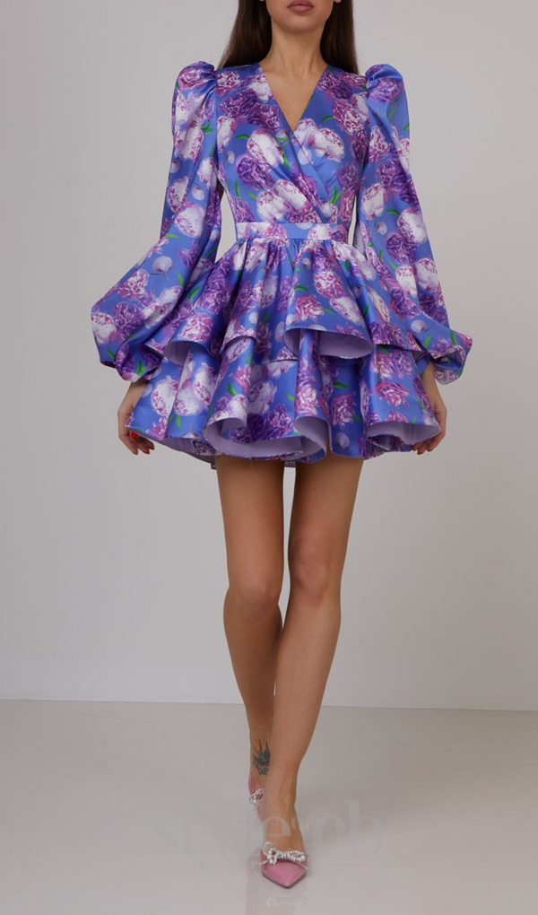 ARABELA BLUE FLORAL SATIN RUFFLE MINI DRESS