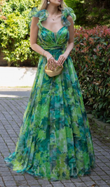 NATIVIDAD FLORAL PRINT TULLE A-LINE GREEN MAXI DRESS