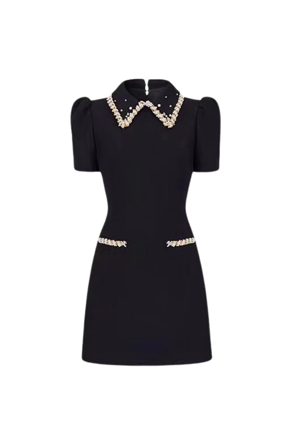 pearl embellished gold chain puff mini dress in black