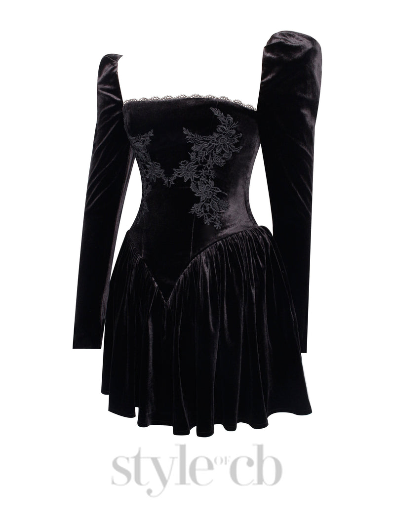 Yolanda Black Velvet Long Sleeve Mini Dress with Lace Trim