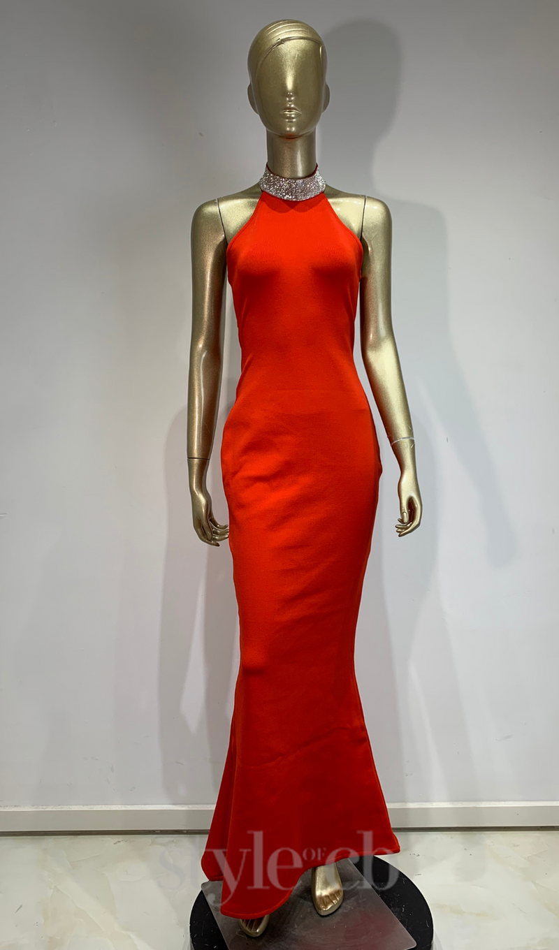 HEDWIG CRYSTAL HALTER SLEEVELESS BODYCON MAXI DRESS IN RED