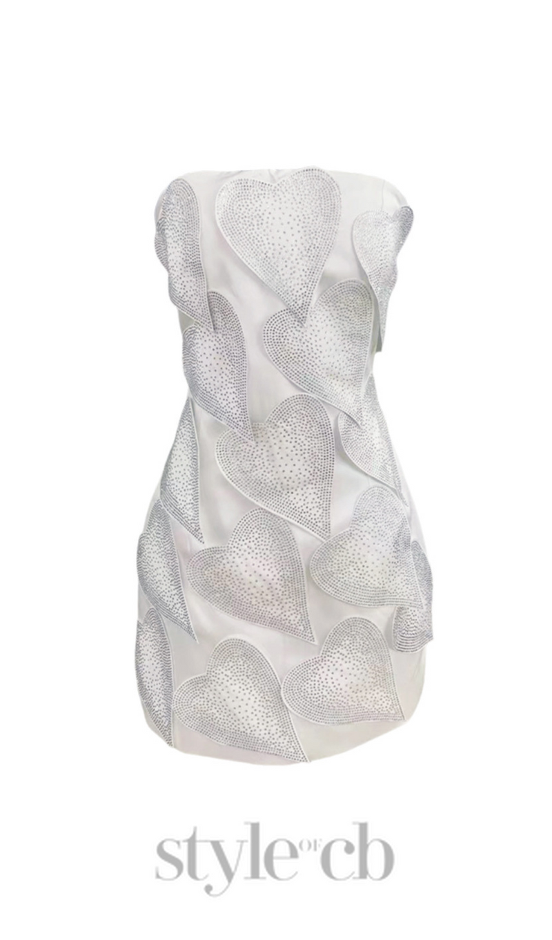 crystal leaf embellished mini dress in white