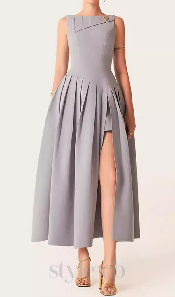 sleeveless pleated slit midi dress in gray