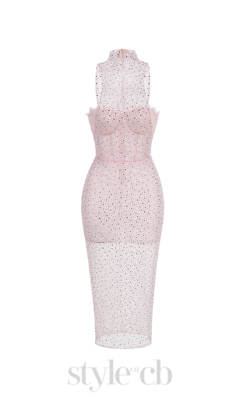 ADORA PINK BRAIDED LEATHER CRYSTAL EMBELLISHMENT MIDI DRESS