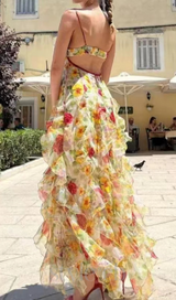 BELINDA YELLOW FLORAL VERTICAL RUFFLE TRIM MAXI DRESS