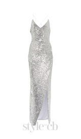 Sequin strap midi dress in silver