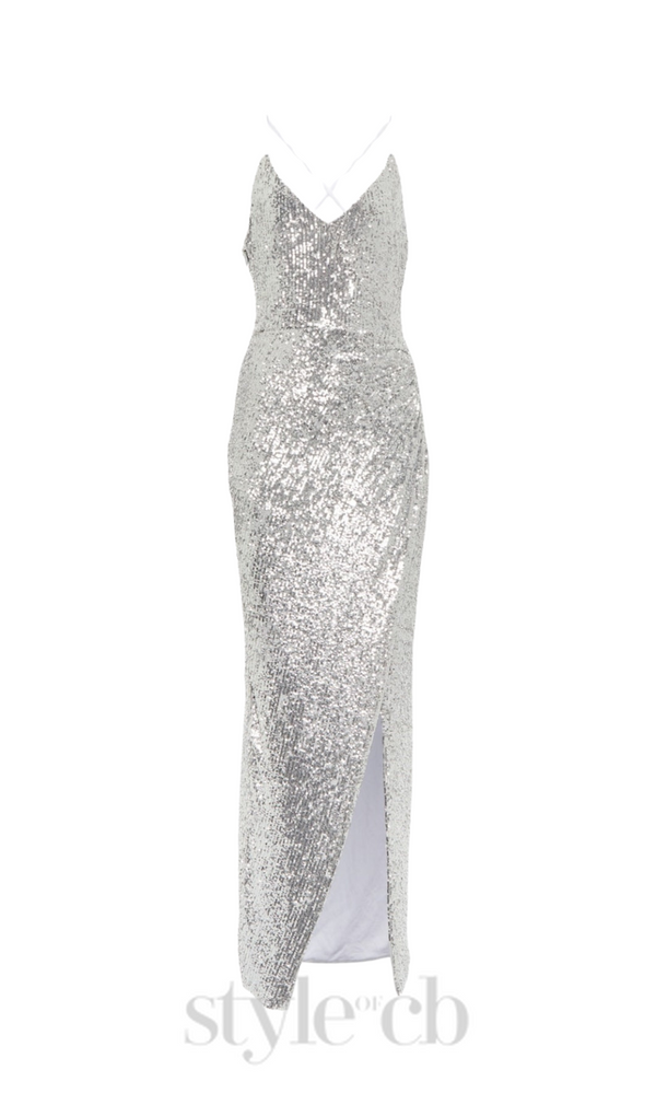 Sequin strap midi dress in silver