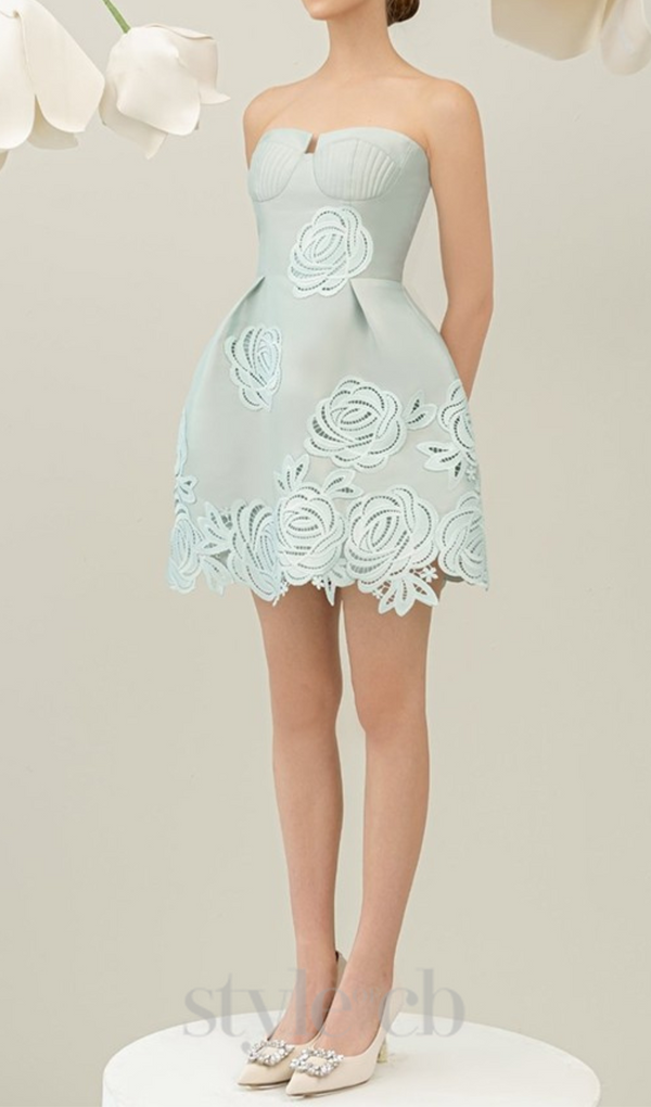 THERA FLOWER EMBELLISHED MINI DRESS IN PALE BLUE