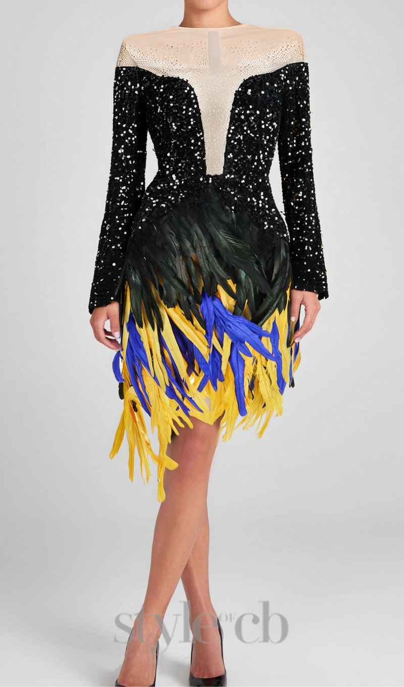 feather embellished sequin mini dress in black