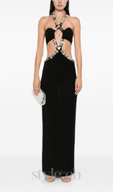 ADELA CRYSTAL EMBELLISHMENT HALTER NECK BLACK MAXI DRESS