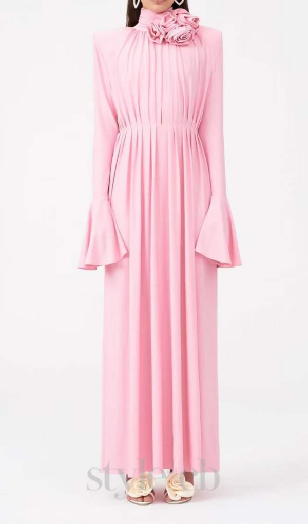 ERIN LANTERN SLEEVE HIGH COLLAR FLOWER SLIT MIDI DRESS IN PINK