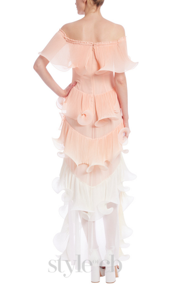 DORA PEACH MULTI OMBRE OFF-SHOULDER PLEATED ORGANZA MAXI DRESS