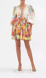 PUFF SLEEVE PRINT SILK MINI DRESS