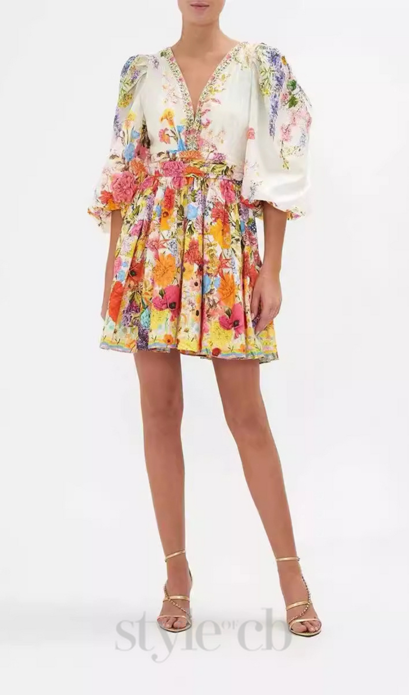 PUFF SLEEVE PRINT SILK MINI DRESS