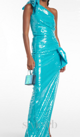 One Shoulder Bow Sequin Maxi Dress in blue