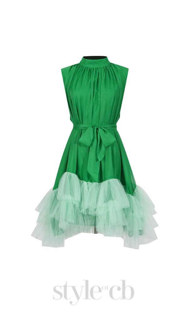 half-high-neckline tulle mini dress in green