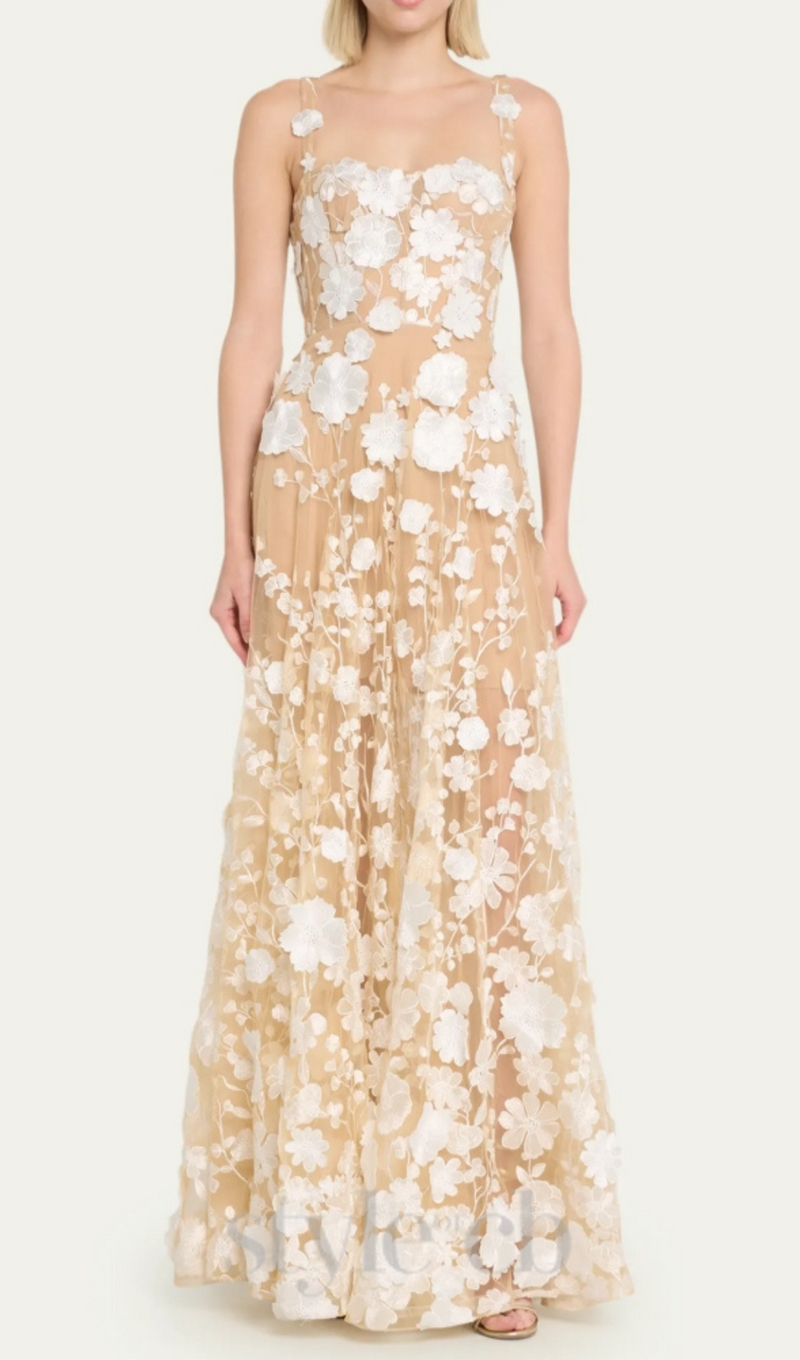 APPHIA FLORAL EMBROIDERED SLEEVELESS TULLE MAXI DRESS