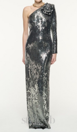 Floral-appliqué sequin gown in silver