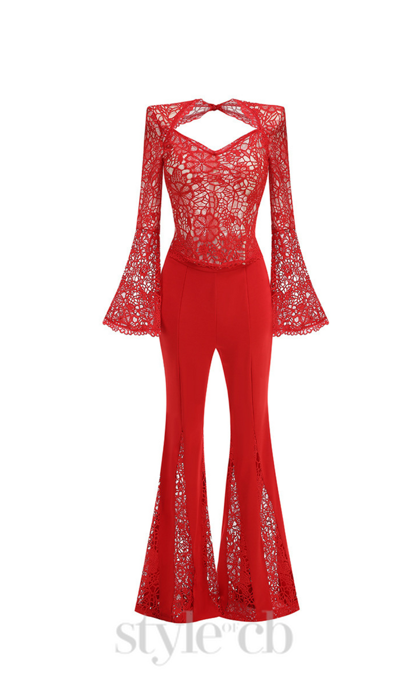 lace-embellished trumpet sleeve jumpsuits in red